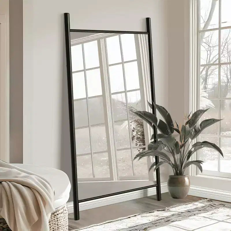 Full-Length Mirror with Solid Wood Ladder Frame, Walnut, 63x24 in., Wall Mount