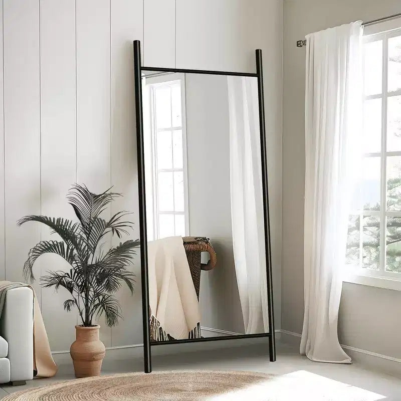 Full-Length Mirror with Solid Wood Ladder Frame, Walnut, 63x24 in., Wall Mount