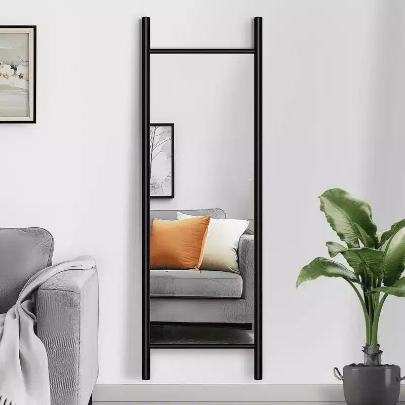 Full-Length Mirror with Solid Wood Ladder Frame, Walnut, 63x24 in., Wall Mount
