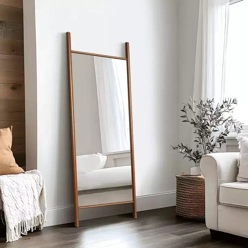 Full-Length Mirror with Solid Wood Ladder Frame, Walnut, 63x24 in., Wall Mount