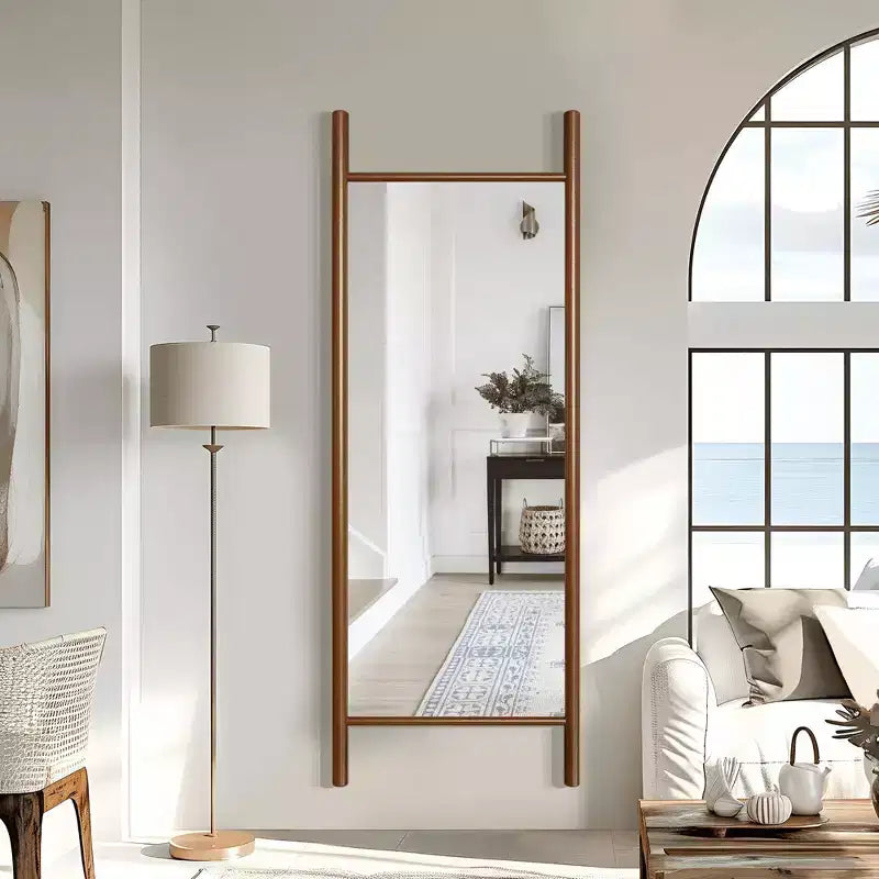 Full-Length Mirror with Solid Wood Ladder Frame, Walnut, 63x24 in., Wall Mount