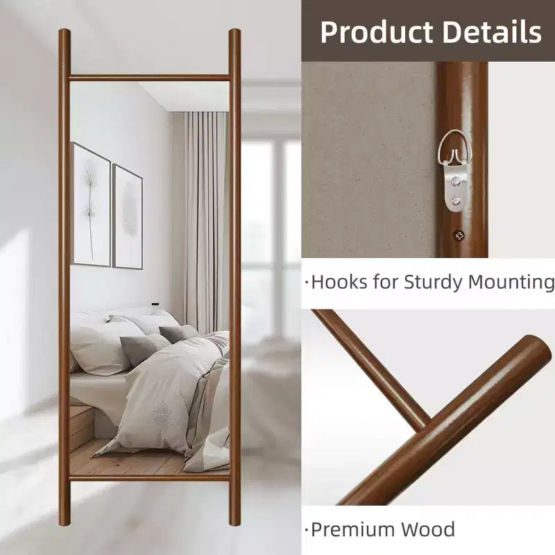Full-Length Mirror with Solid Wood Ladder Frame, Walnut, 63x24 in., Wall Mount