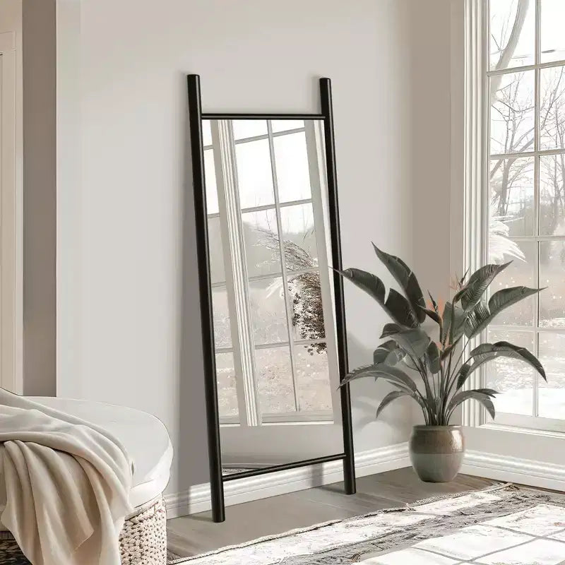 Full-Length Mirror with Solid Wood Ladder Frame, Walnut, 63x24 in., Wall Mount