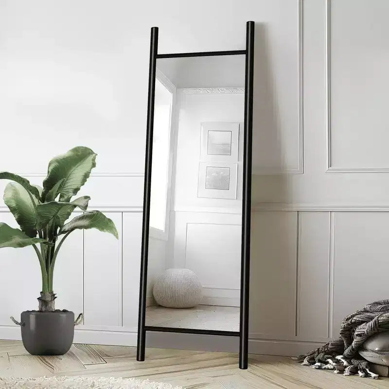 Full-Length Mirror with Solid Wood Ladder Frame, Walnut, 63x24 in., Wall Mount