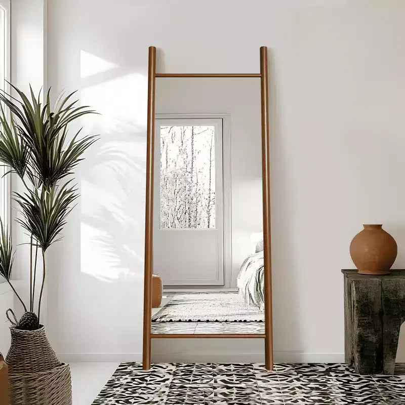 Full-Length Mirror with Solid Wood Ladder Frame, Walnut, 63x24 in., Wall Mount