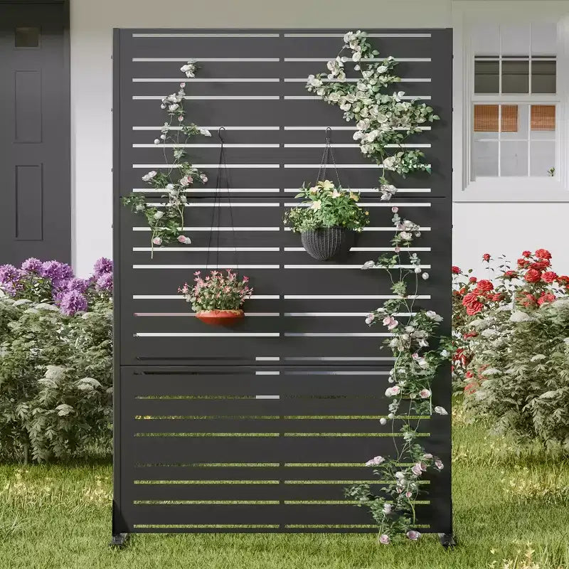 Outdoor Metal Privacy Screen 6ft x 4ft, Black 6-Panel Wide-Narrow Louvered Galvanized Iron for Garden