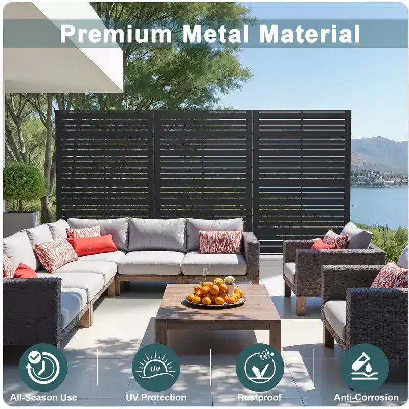 Outdoor Metal Privacy Screen 6ft x 4ft, Black 6-Panel Wide-Narrow Louvered Galvanized Iron for Garden