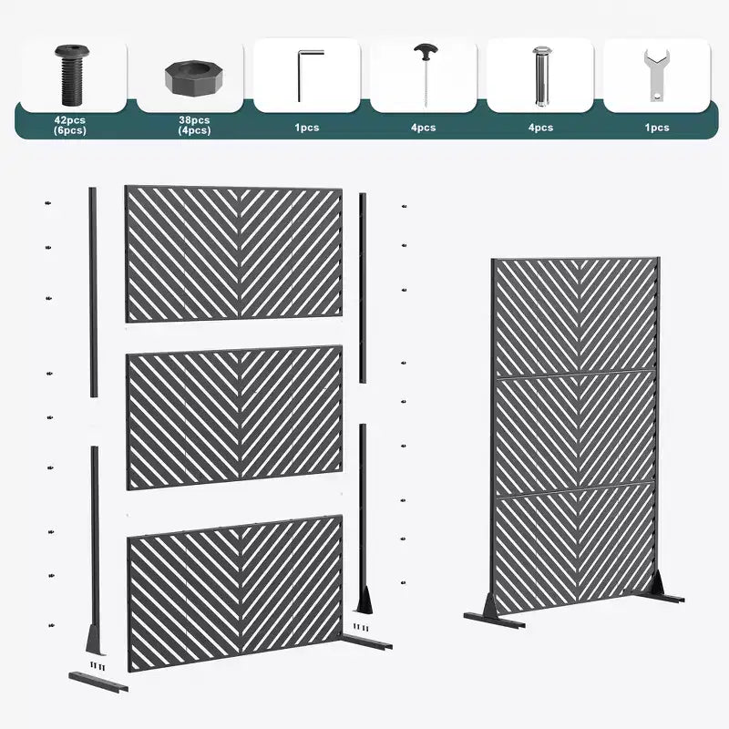 Outdoor Metal Privacy Screen 6ft x 4ft, Black 6-Panel Wide-Narrow Louvered Galvanized Iron for Garden
