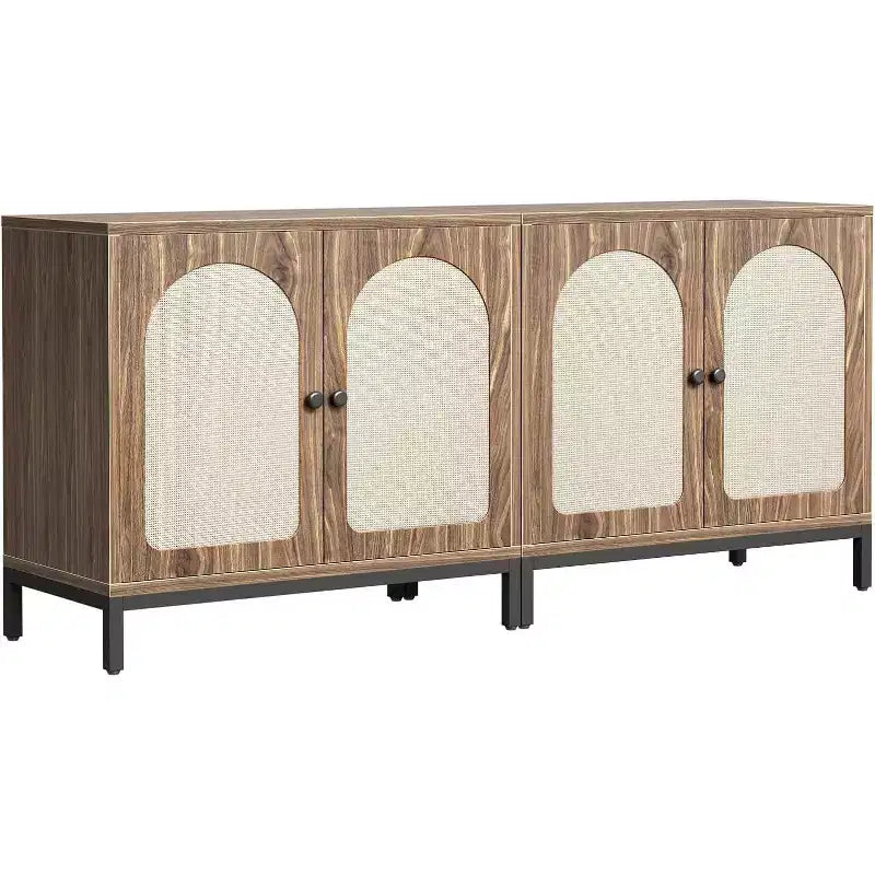 2-Pack Rattan Sideboard Cabinets with Adjustable Shelves, Farmhouse Storage Buffets with Woven Doors, Brown