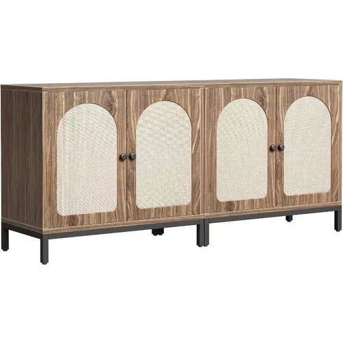 2-Pack Rattan Sideboard Cabinets with Adjustable Shelves, Farmhouse Storage Buffets with Woven Doors, Brown