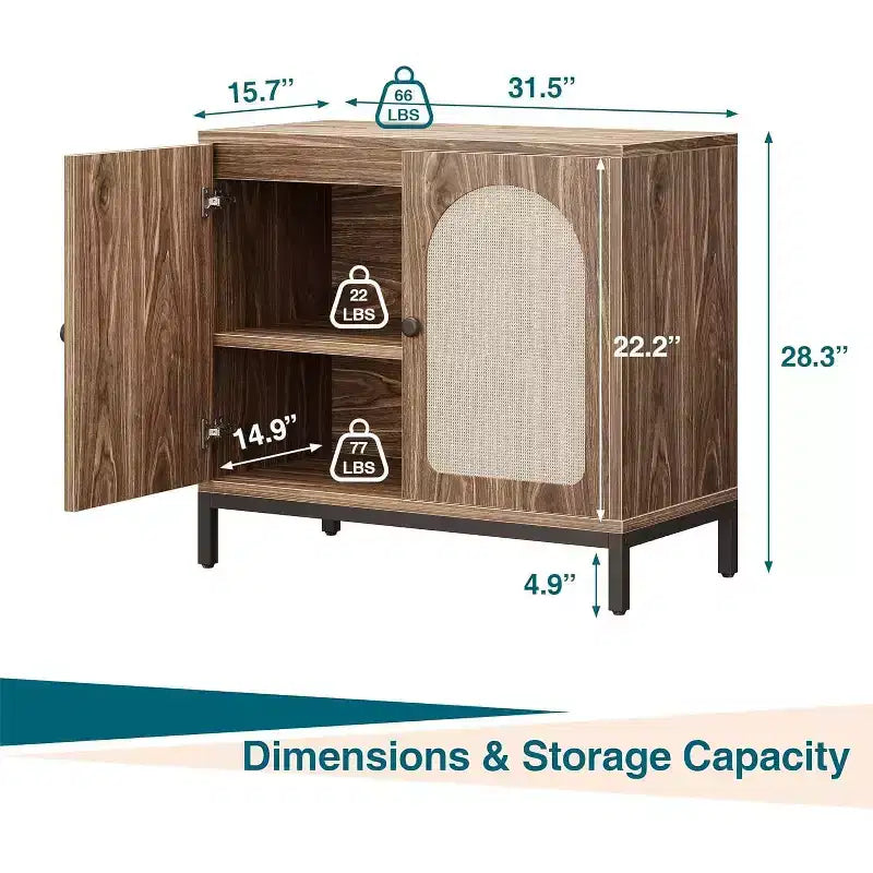 2-Pack Rattan Sideboard Cabinets with Adjustable Shelves, Farmhouse Storage Buffets with Woven Doors, Brown