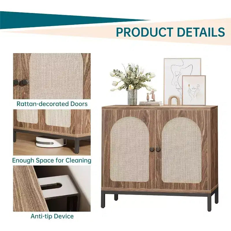 2-Pack Rattan Sideboard Cabinets with Adjustable Shelves, Farmhouse Storage Buffets with Woven Doors, Brown