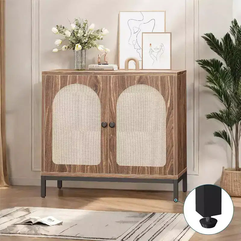 2-Pack Rattan Sideboard Cabinets with Adjustable Shelves, Farmhouse Storage Buffets with Woven Doors, Brown