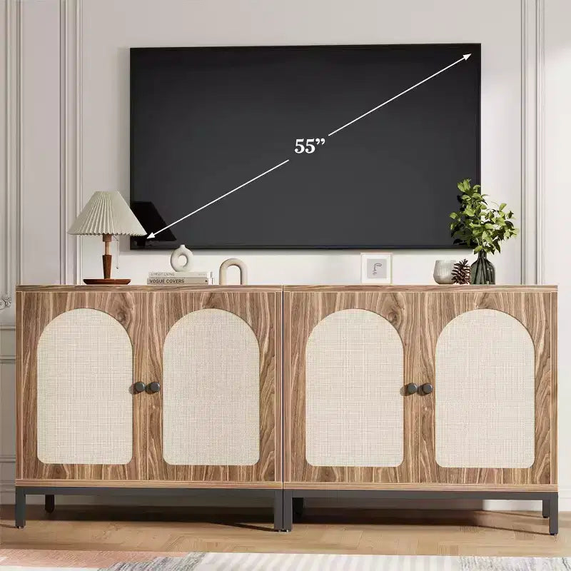 2-Pack Rattan Sideboard Cabinets with Adjustable Shelves, Farmhouse Storage Buffets with Woven Doors, Brown