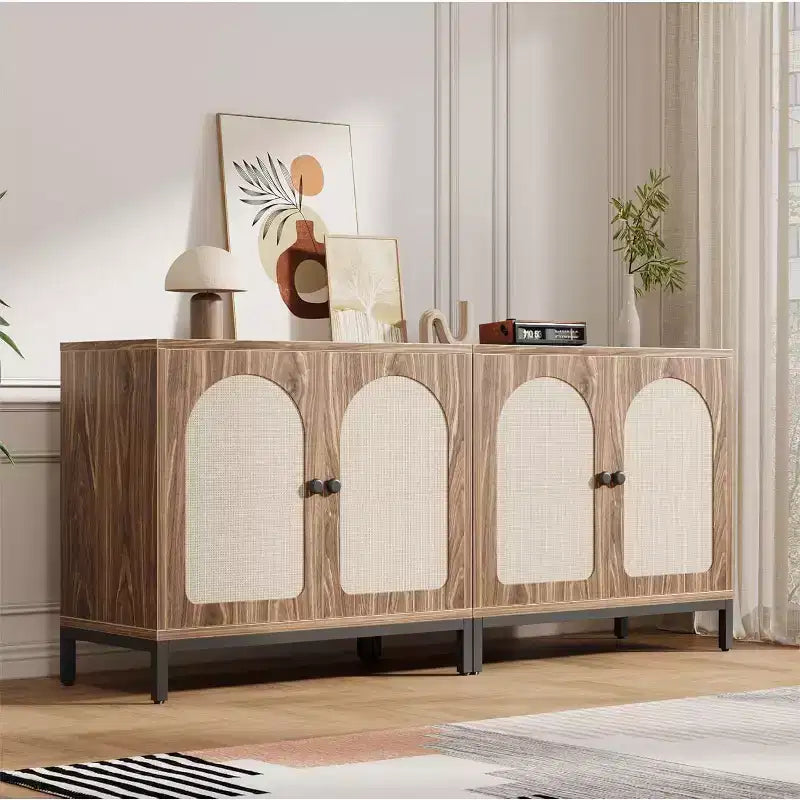 2-Pack Rattan Sideboard Cabinets with Adjustable Shelves, Farmhouse Storage Buffets with Woven Doors, Brown