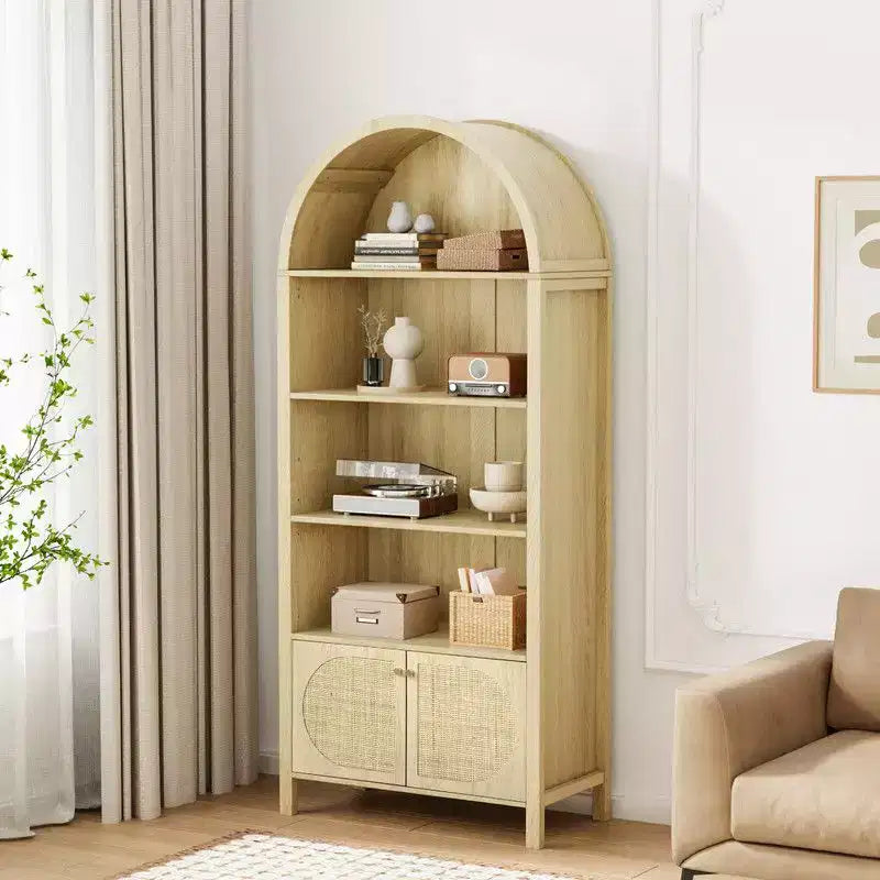 Oak Arched 2-Door Rattan 3-Shelf Display Cabinet