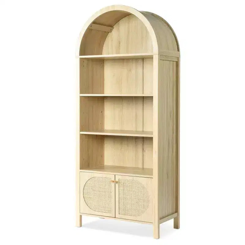 Oak Arched 2-Door Rattan 3-Shelf Display Cabinet