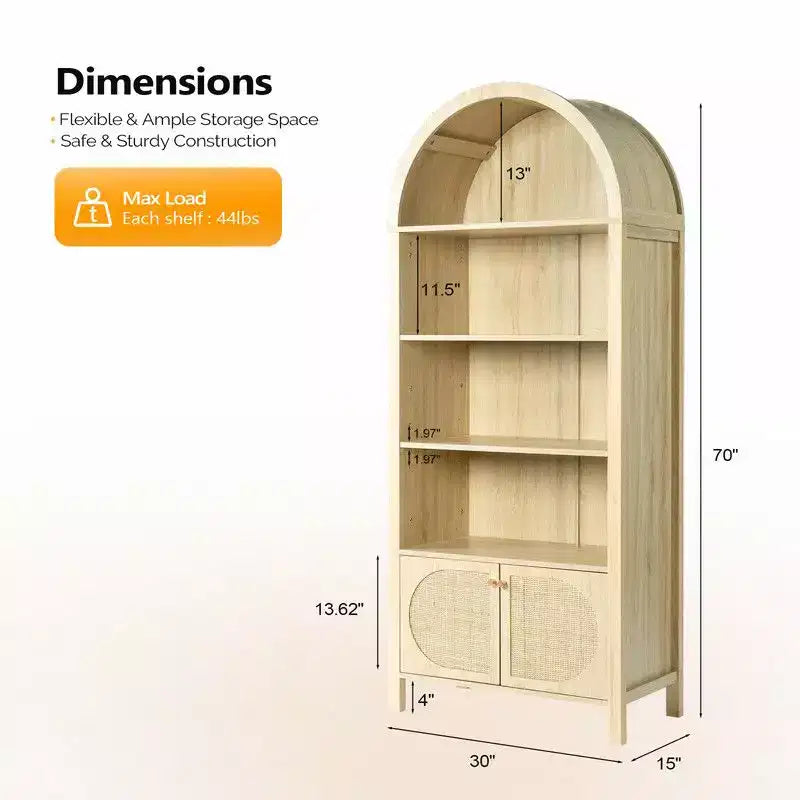 Oak Arched 2-Door Rattan 3-Shelf Display Cabinet