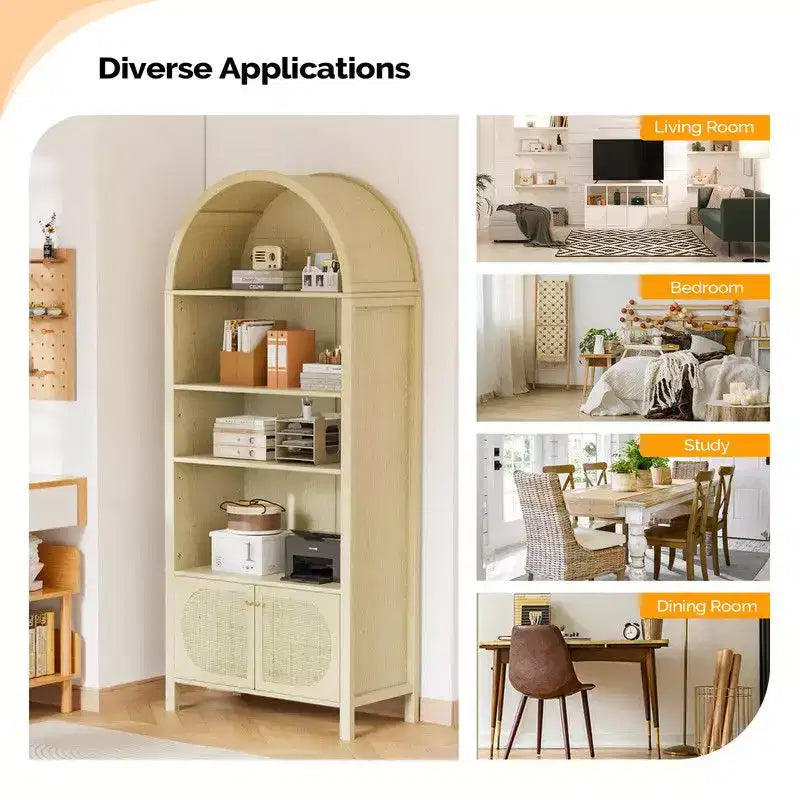 Oak Arched 2-Door Rattan 3-Shelf Display Cabinet