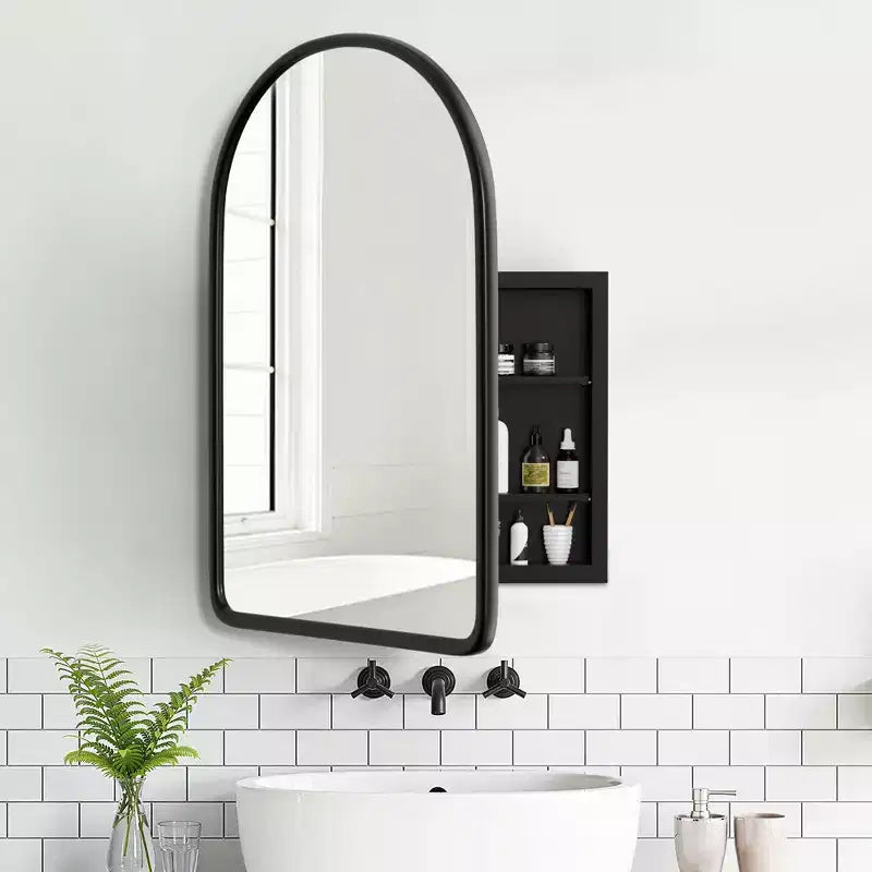 Modern Arch Bathroom Medicine Cabinet, Metal Framed Wall Mirror with Storage, Black