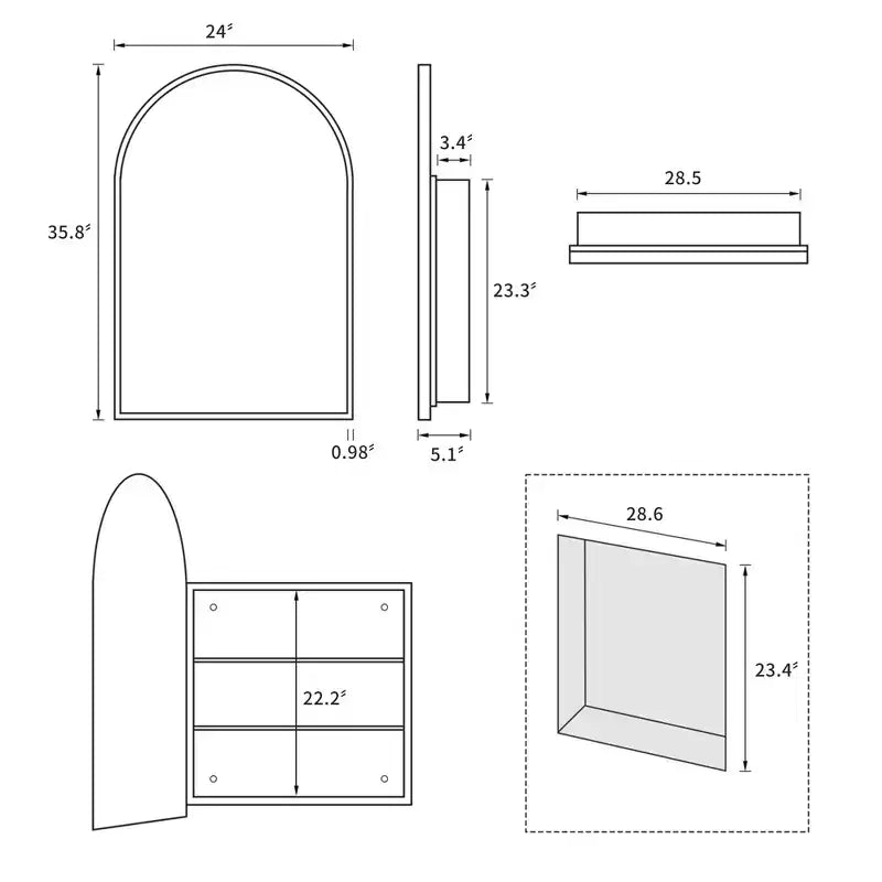 Modern Arch Bathroom Medicine Cabinet, Metal Framed Wall Mirror with Storage, Black