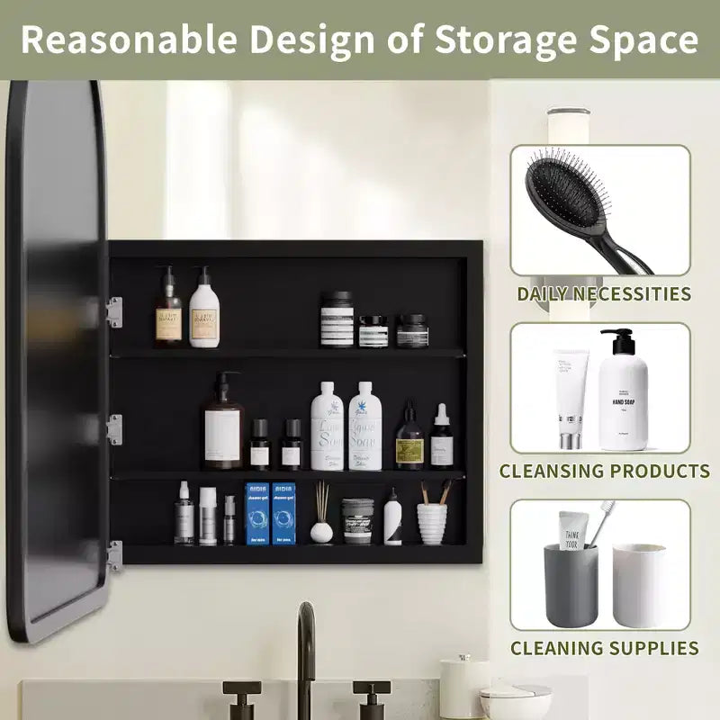 Modern Arch Bathroom Medicine Cabinet, Metal Framed Wall Mirror with Storage, Black
