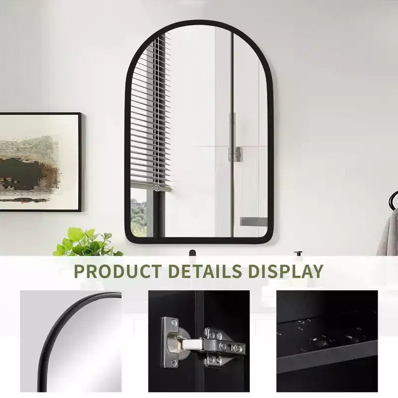 Modern Arch Bathroom Medicine Cabinet, Metal Framed Wall Mirror with Storage, Black