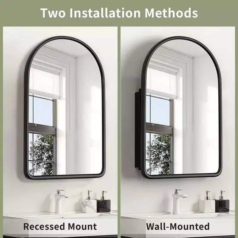 Modern Arch Bathroom Medicine Cabinet, Metal Framed Wall Mirror with Storage, Black