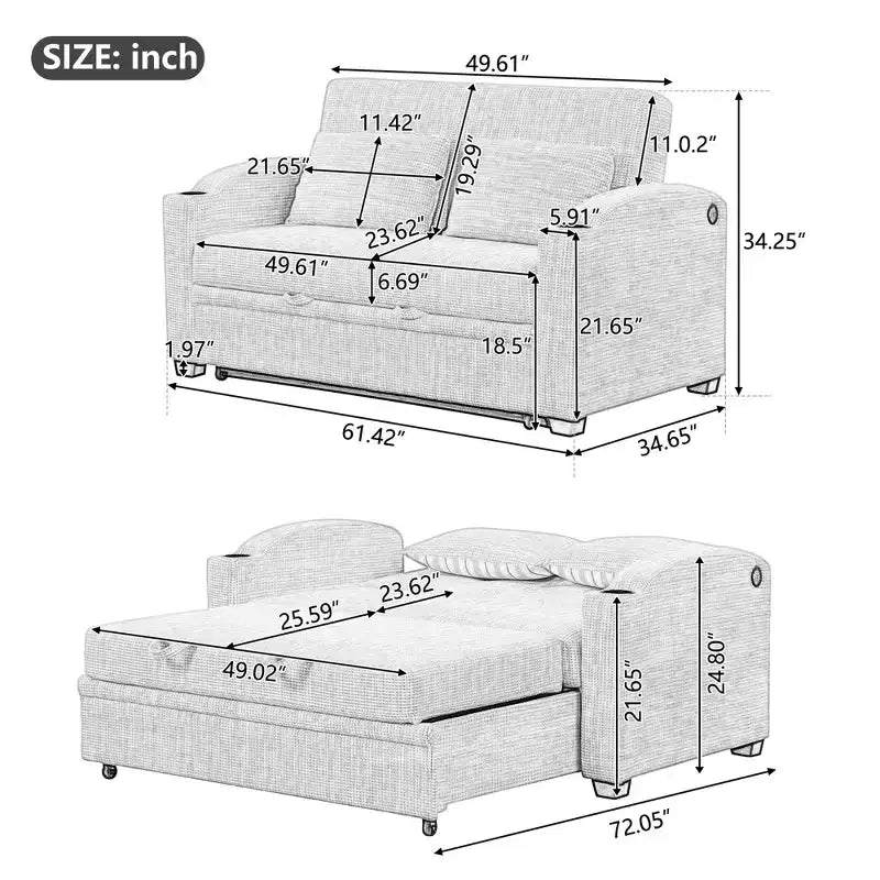 Convertible Sofa Bed with USB Charging, Cup Holders & Adjustable Backrest