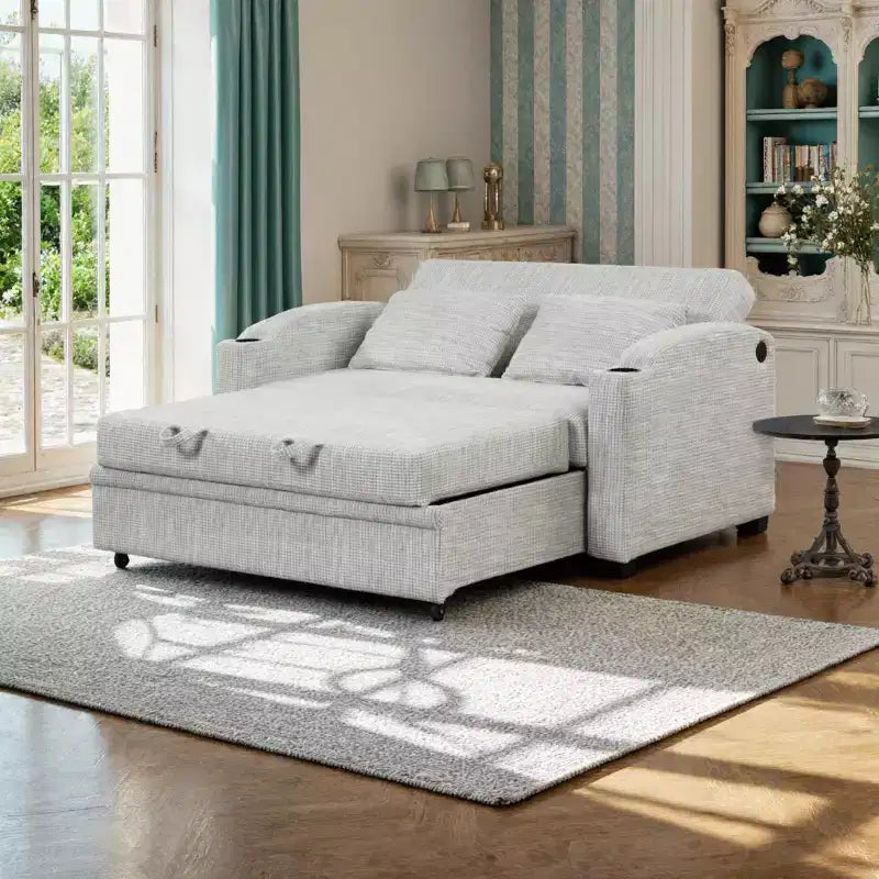 Convertible Sofa Bed with USB Charging, Cup Holders & Adjustable Backrest