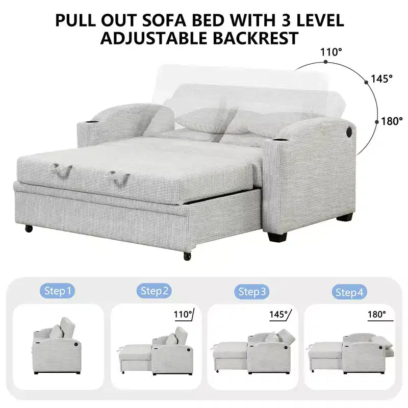 Convertible Sofa Bed with USB Charging, Cup Holders & Adjustable Backrest