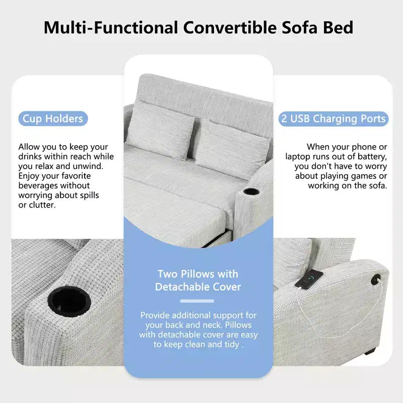 Convertible Sofa Bed with USB Charging, Cup Holders & Adjustable Backrest