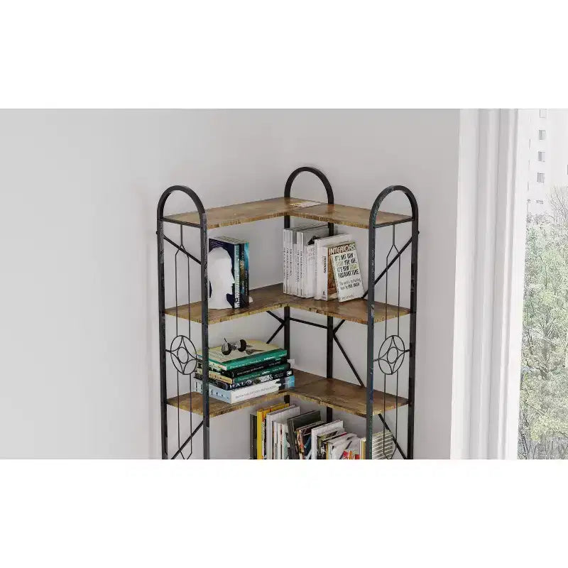7-Tier Industrial Corner Shelf, Freestanding L-Shaped Bookcase, Display Case for Living Room, Bedroom, Office, Brown