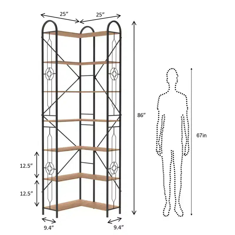 7-Tier Industrial Corner Shelf, Freestanding L-Shaped Bookcase, Display Case for Living Room, Bedroom, Office, Brown