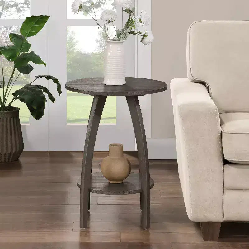 H Gray Rectangle Wood End Table with 2-Tier Shelves, 1-Piece