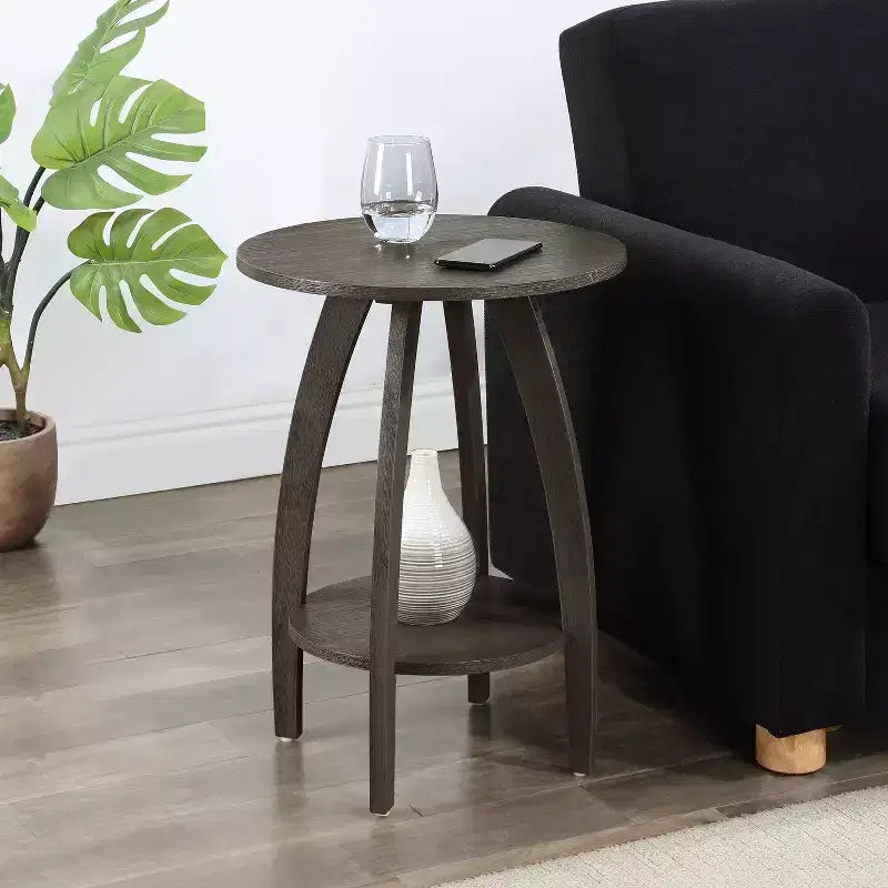H Gray Rectangle Wood End Table with 2-Tier Shelves, 1-Piece