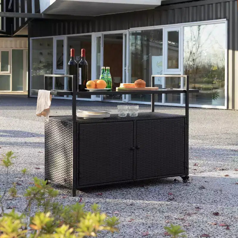 Outdoor Wicker Bar Serving Cart with Glass Tabletop for Patio, Black, 51.18x19.69x35.43 in.