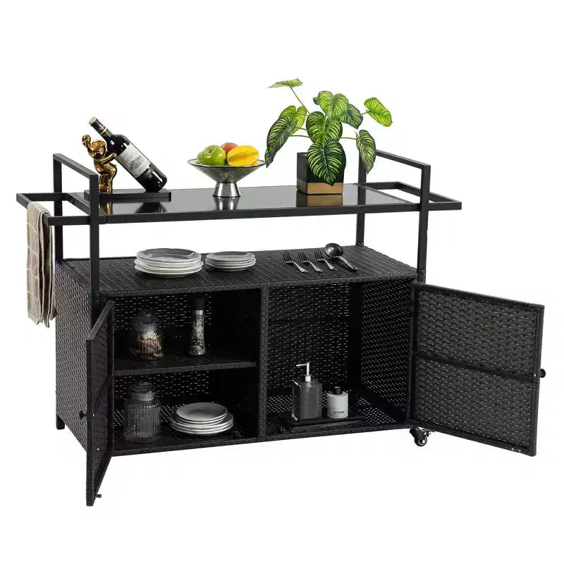 Outdoor Wicker Bar Serving Cart with Glass Tabletop for Patio, Black, 51.18x19.69x35.43 in.