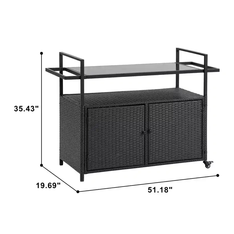 Outdoor Wicker Bar Serving Cart with Glass Tabletop for Patio, Black, 51.18x19.69x35.43 in.