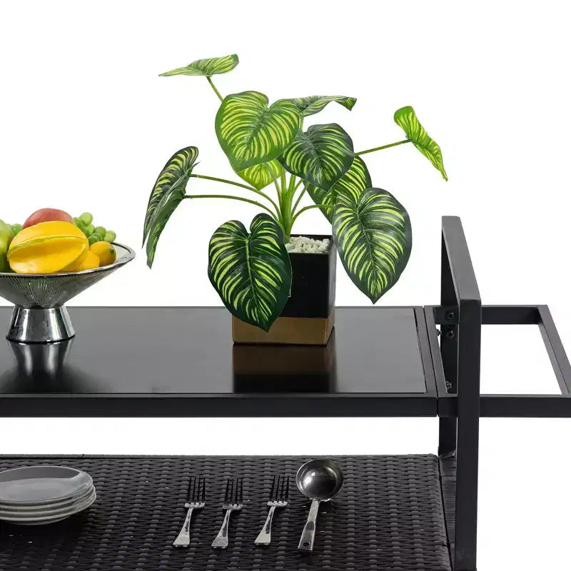 Outdoor Wicker Bar Serving Cart with Glass Tabletop for Patio, Black, 51.18x19.69x35.43 in.