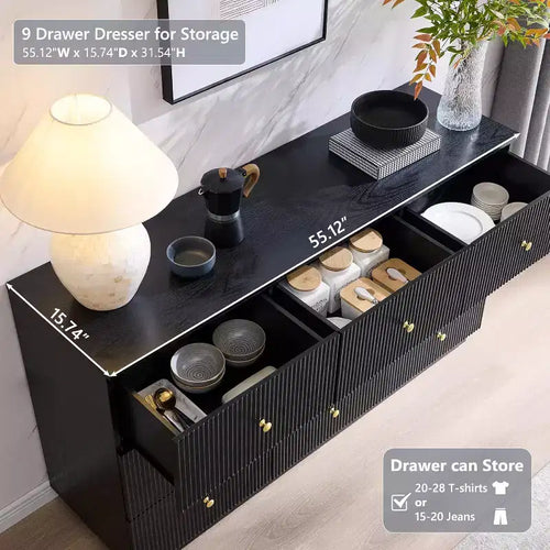 9-Drawer Fluted Dresser, 55" Wide Wood Chest of Drawers with Deep Storage, Modern Storage Organizer for Bedroom, Living Room