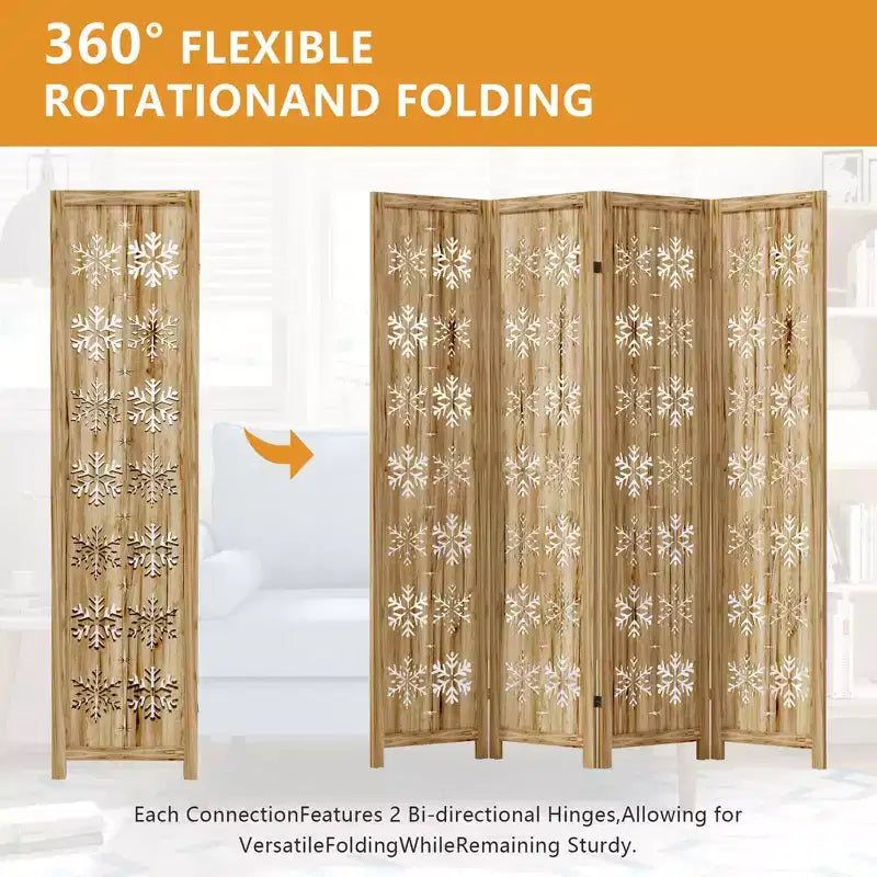 Wood Room Divider Folding Privacy Screen, Freestanding Partition for Indoor, 4-Panels, Brown