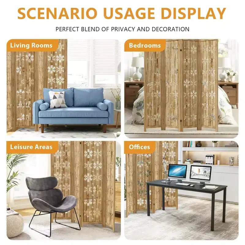 Wood Room Divider Folding Privacy Screen, Freestanding Partition for Indoor, 4-Panels, Brown