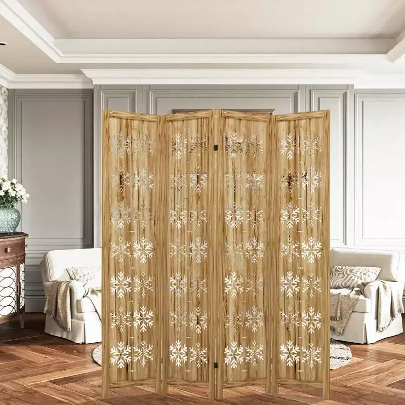 Wood Room Divider Folding Privacy Screen, Freestanding Partition for Indoor, 4-Panels, Brown