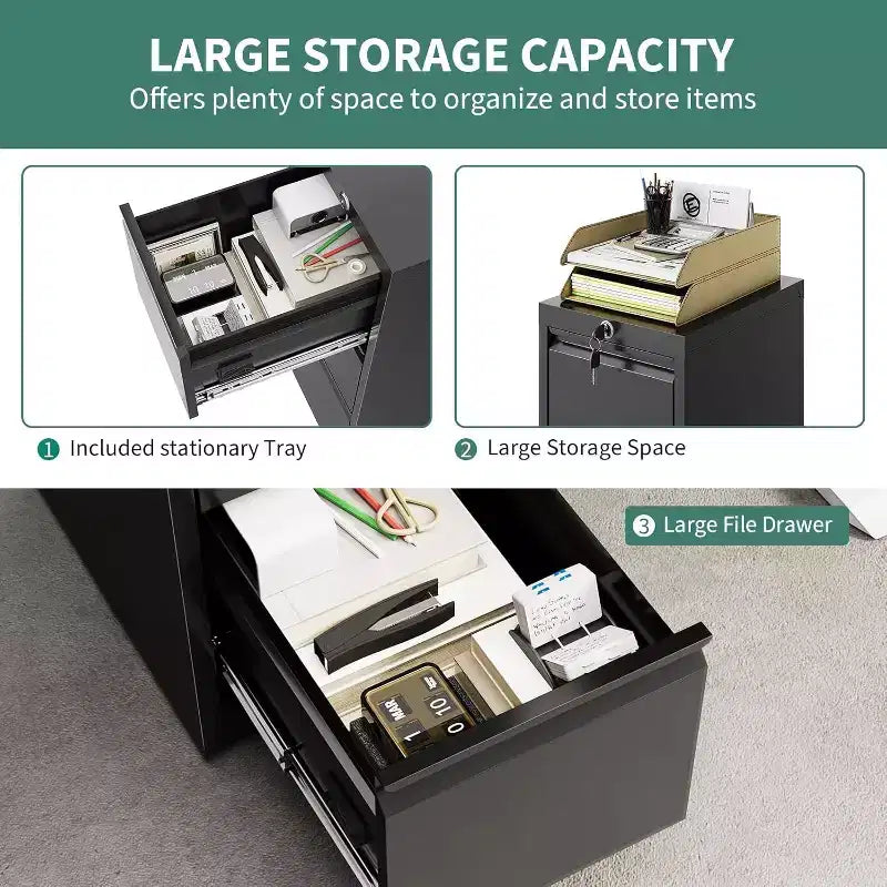 Rolling Storage Cabinet with Lock, Workbench & Adjustable Shelf, Mobile Tool Chest for Garage, Shop, Office, Black