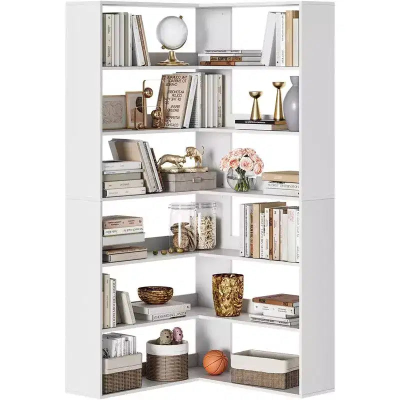 6-Tier Industrial Corner Bookshelf, L-Shaped Bookcase with Baffles and Shelves, Large Storage Display Unit for Living Room, Home Office
