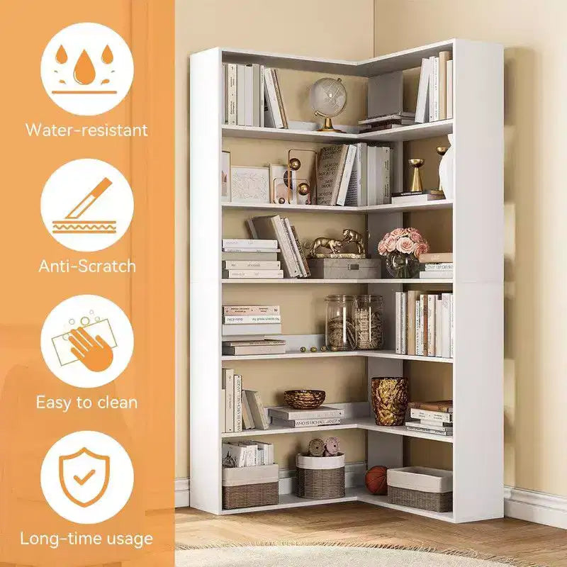 6-Tier Industrial Corner Bookshelf, L-Shaped Bookcase with Baffles and Shelves, Large Storage Display Unit for Living Room, Home Office