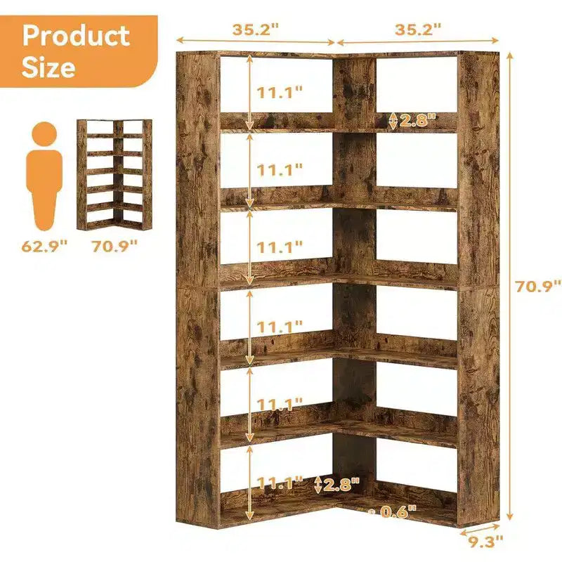6-Tier Industrial Corner Bookshelf, L-Shaped Bookcase with Baffles and Shelves, Large Storage Display Unit for Living Room, Home Office