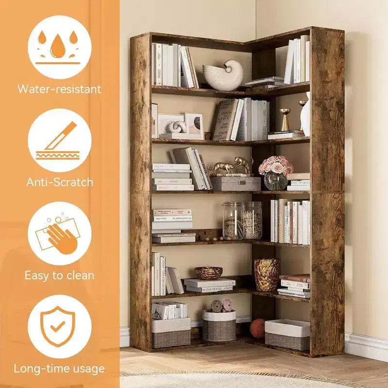 6-Tier Industrial Corner Bookshelf, L-Shaped Bookcase with Baffles and Shelves, Large Storage Display Unit for Living Room, Home Office