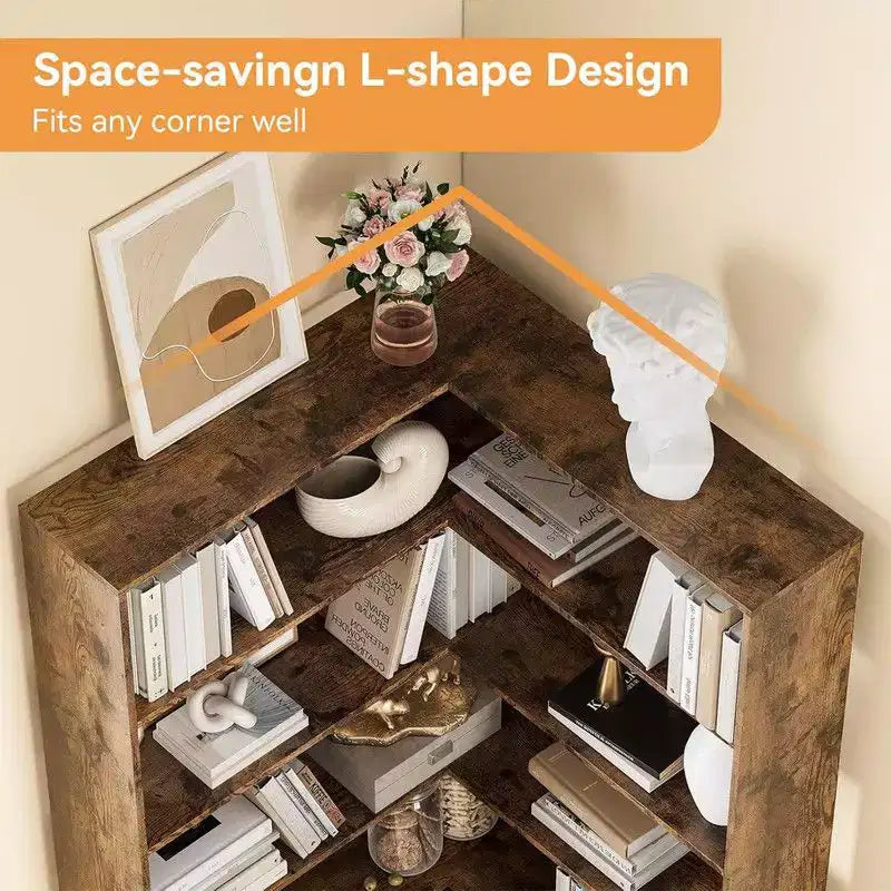 6-Tier Industrial Corner Bookshelf, L-Shaped Bookcase with Baffles and Shelves, Large Storage Display Unit for Living Room, Home Office